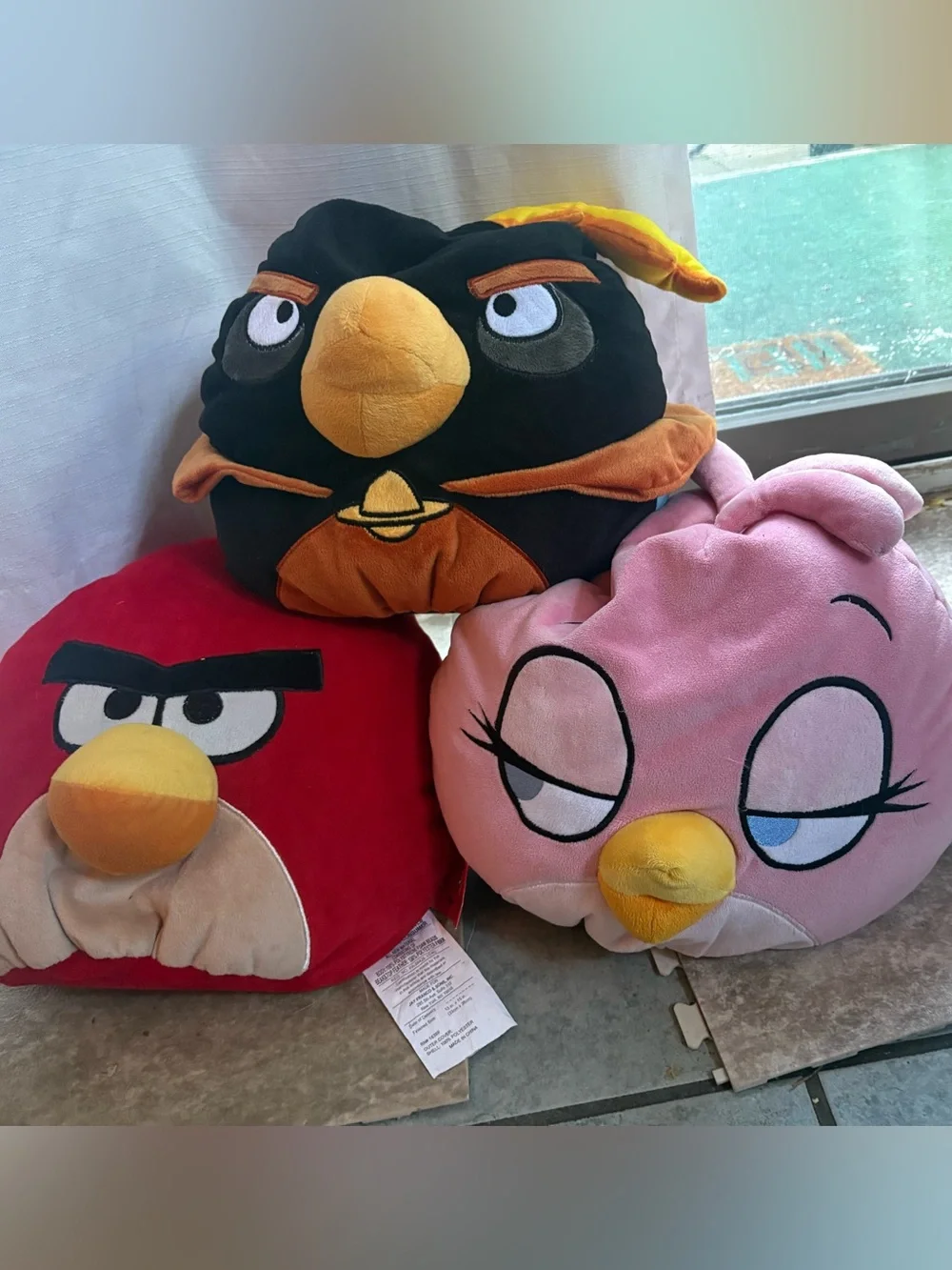 3 angry birds microbeads plush pillows - pink, red and black birds Rovio